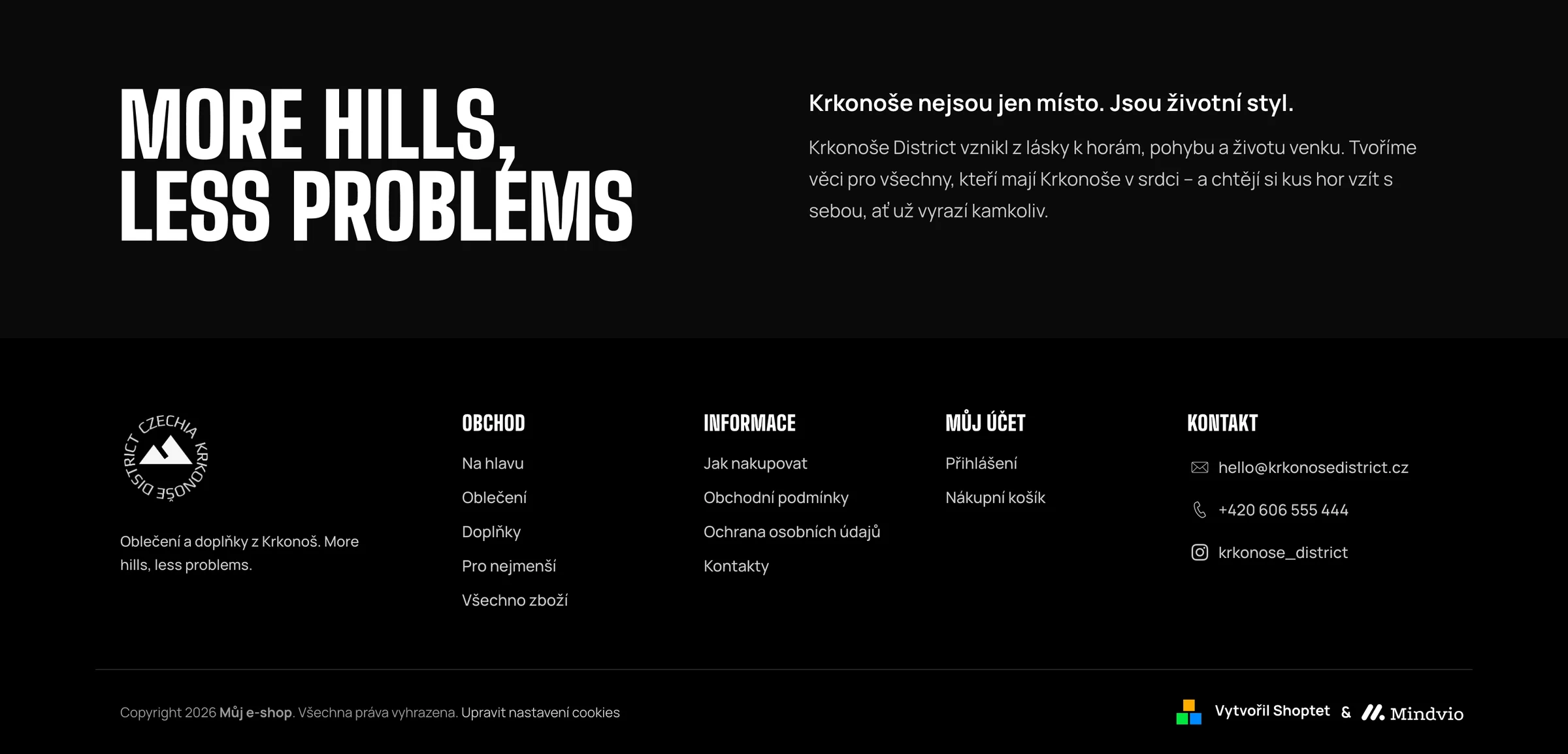 Černá patička s claimem More hills, less problems, příběhem značky, navigací a kontakty